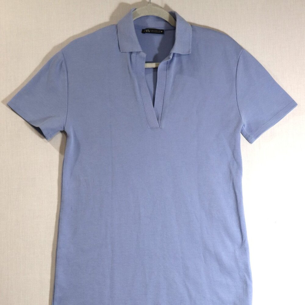 Zara Women's Ribbed Polo Vneck Mini Shirt Dress - Size Medium - Blue